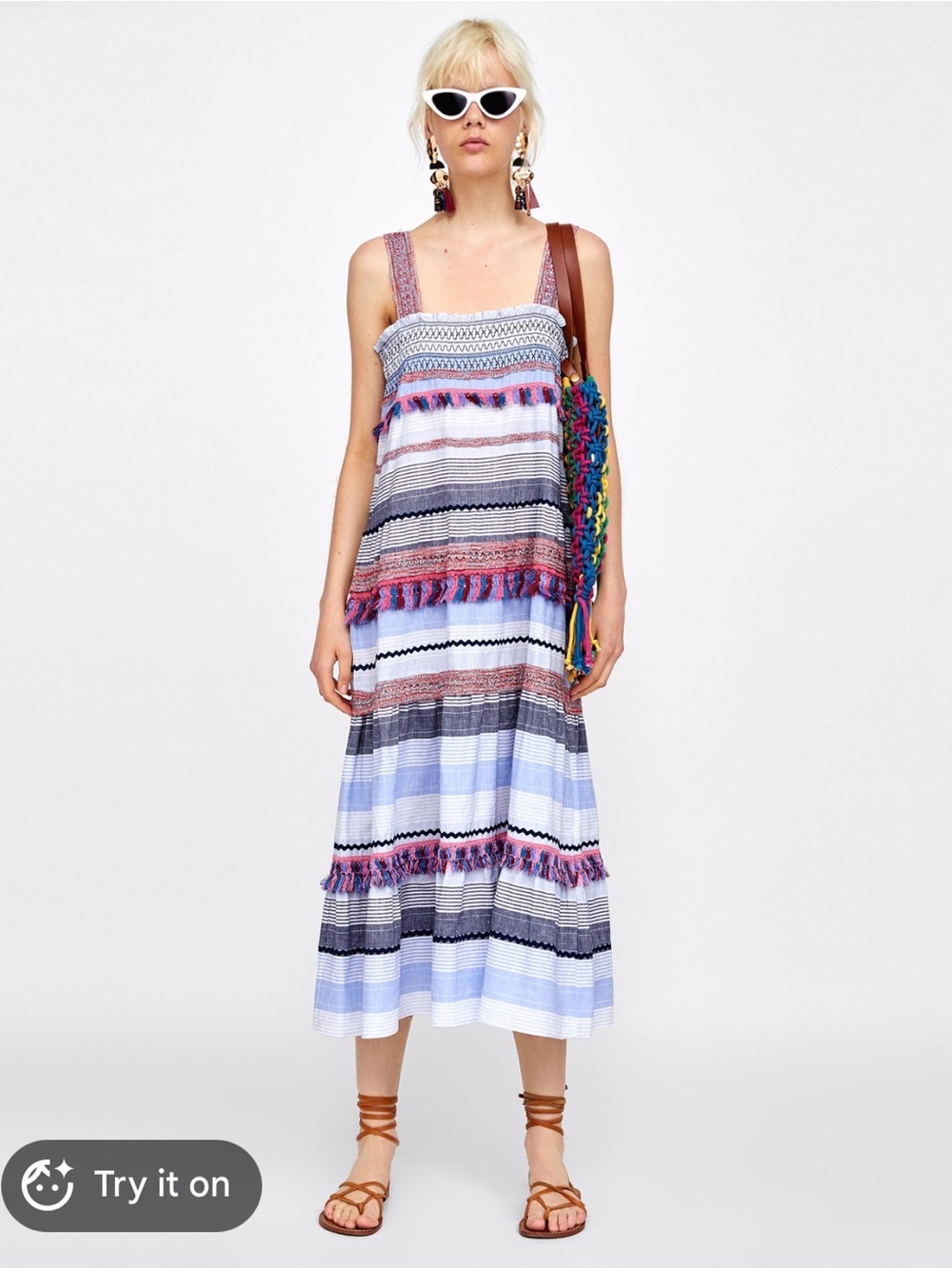 Striped Tassel Midi Dress in Blue and Pink - Zara - S